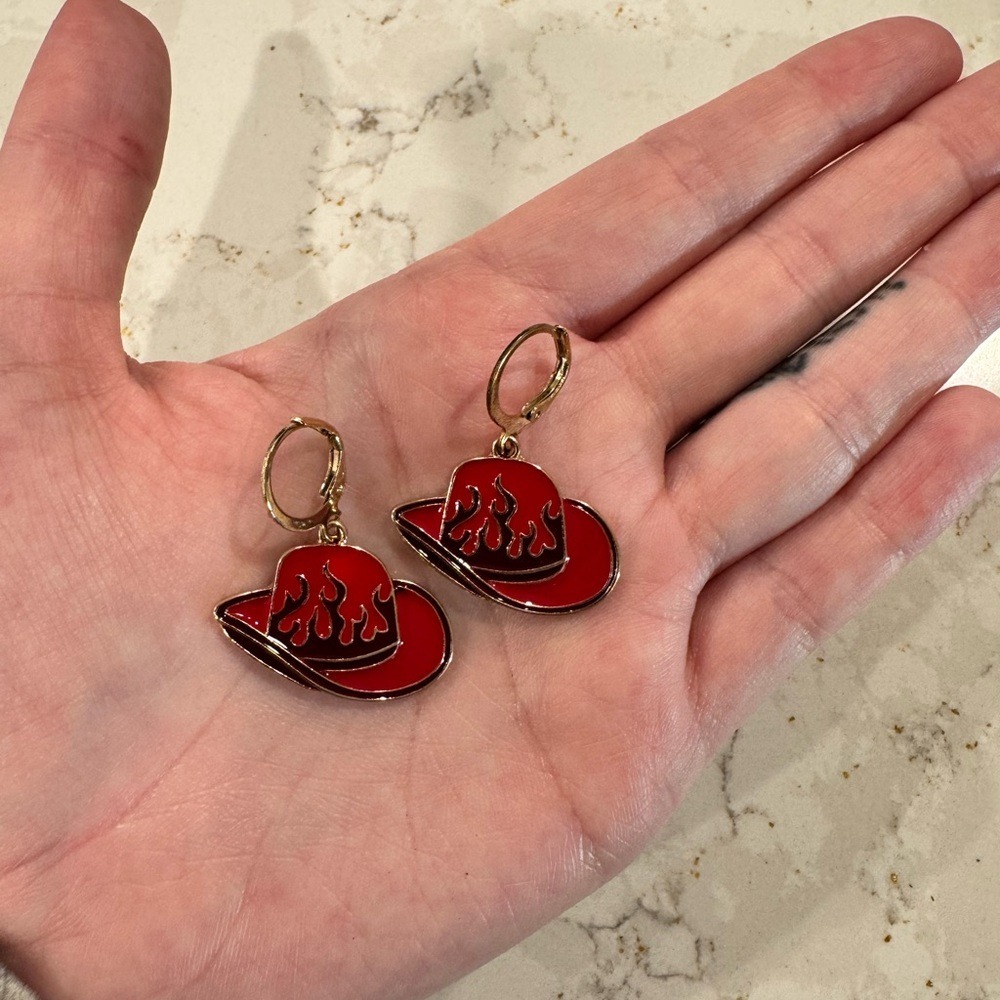 Red Cowboy Funky Hat Flame Dangle Cuff Hug Earrings Metallic Punk Gold Tone